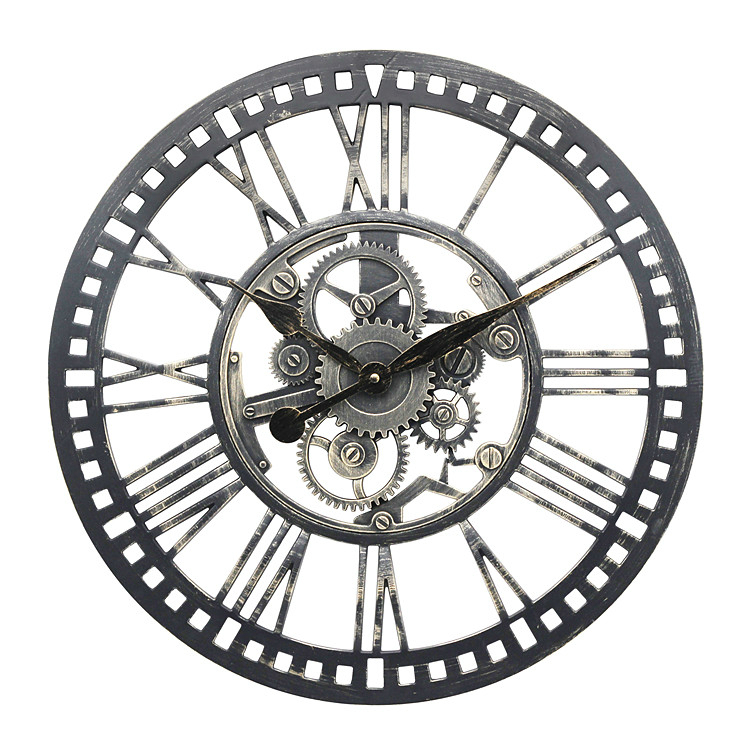 Antique Design Deheng 20 inch Black Plastic Pierced wall clock with Gear adornment